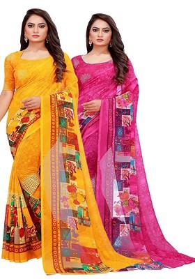 Yellow Printed Georgette Saree Set (Set Of 2)