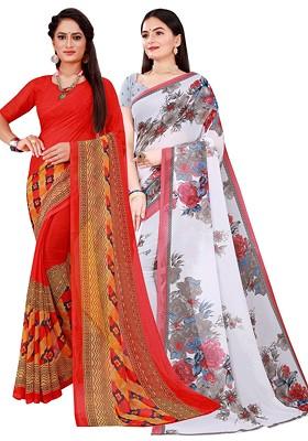 Red Floral Georgette Saree Set (Set Of 2)