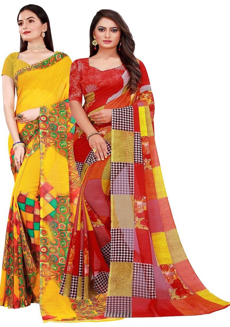Yellow Embroidered Georgette Saree Set