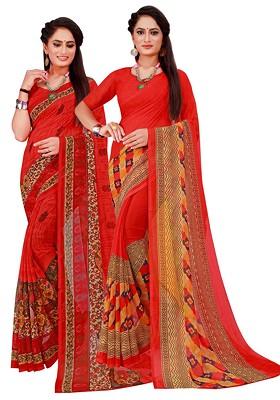 Red Floral Georgette Saree Set (Set Of 2)