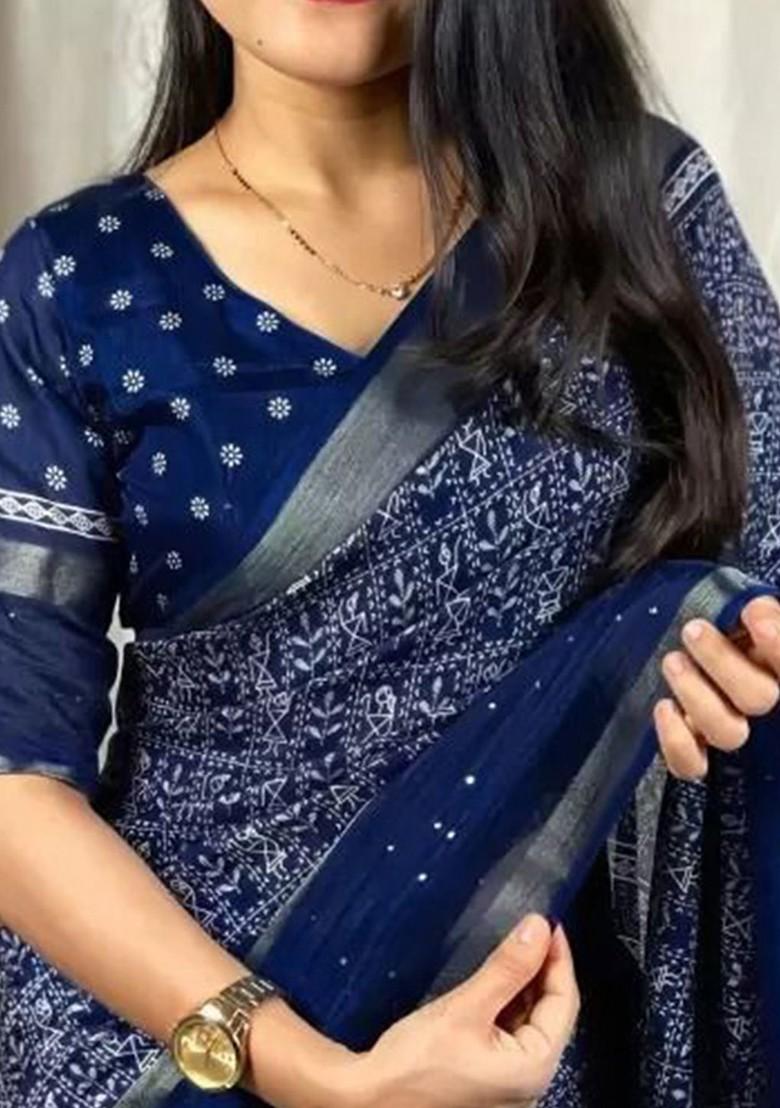 Navy Blue Floral Art Silk Saree Set