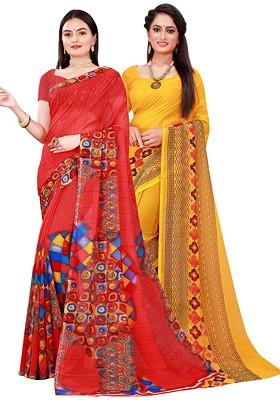 Red Floral Georgette Saree Set (Set Of 2)