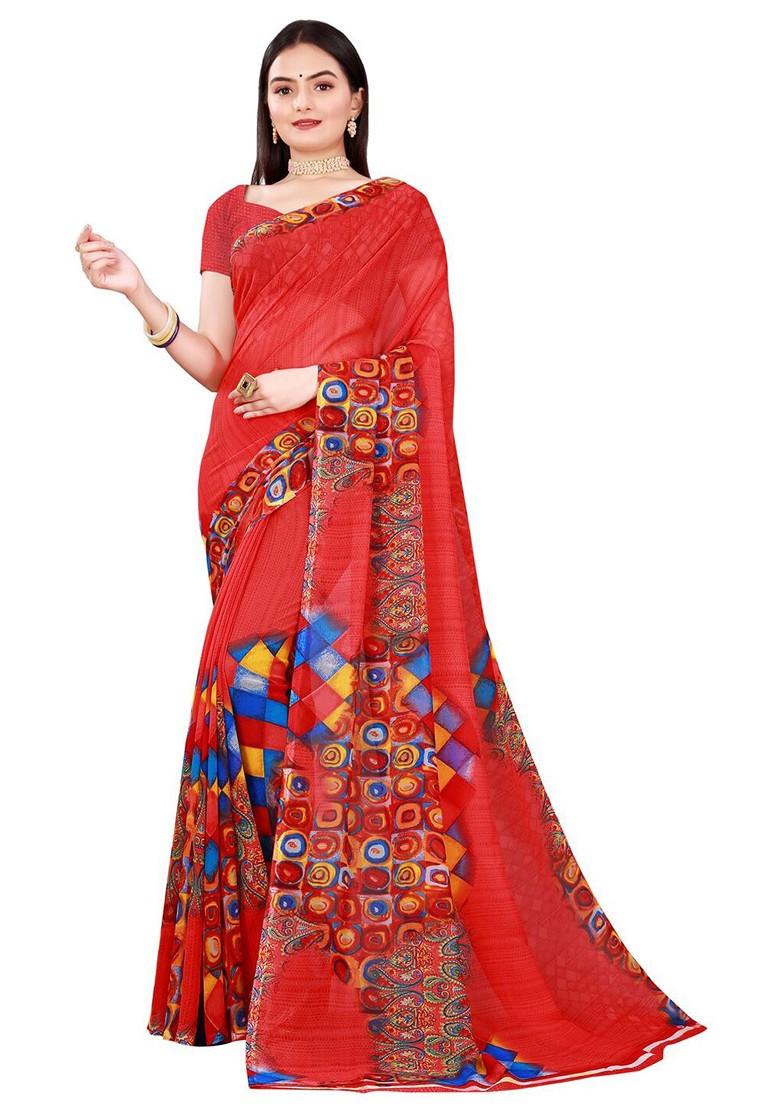 Red Floral Georgette Saree Set (Set Of 2)