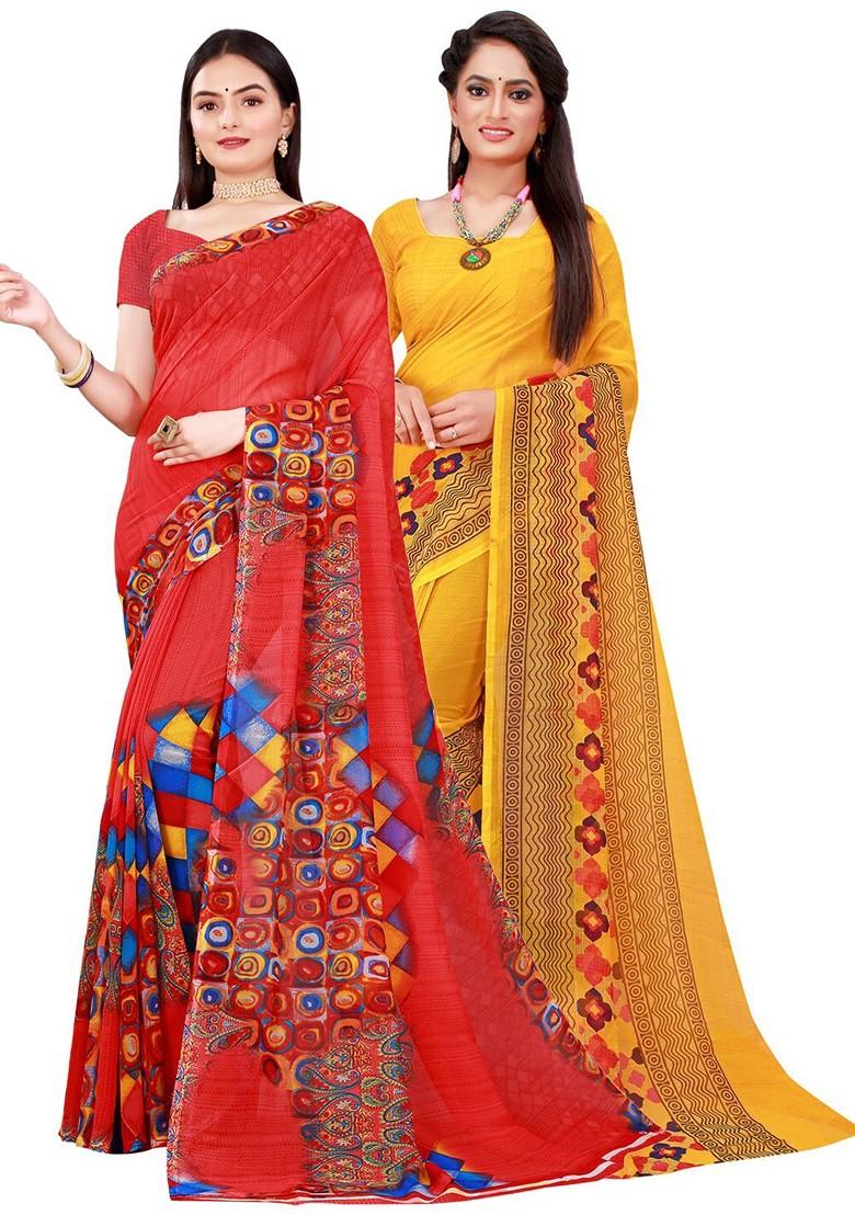 Red Floral Georgette Saree Set (Set Of 2)
