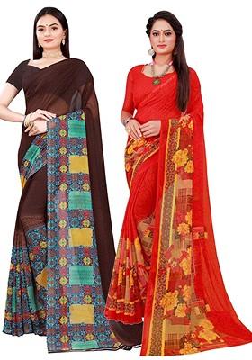 Brown Printed Georgette Saree Set (Set Of 2)