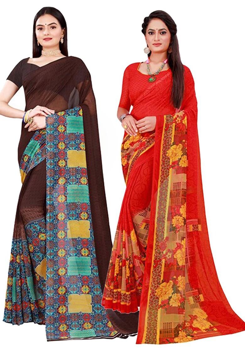 Brown Printed Georgette Saree Set (Set Of 2)