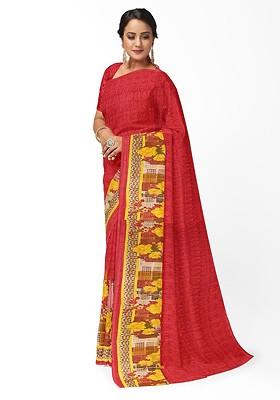 Red Floral Georgette Saree Set