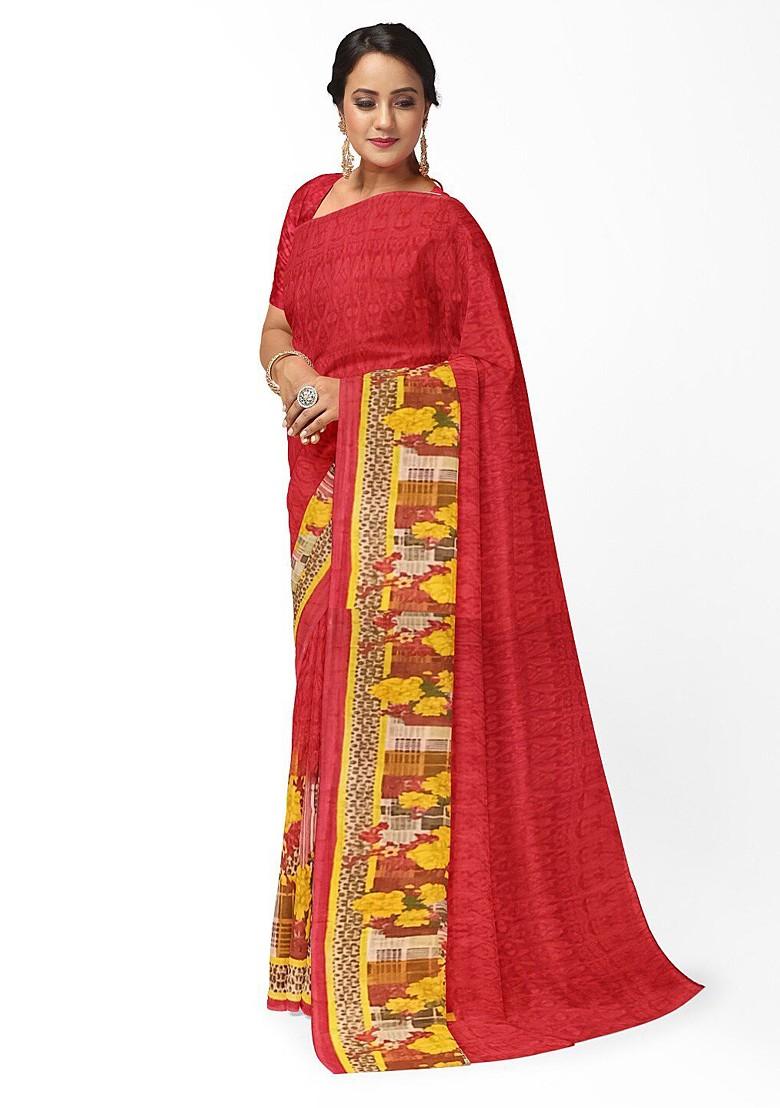 Red Floral Georgette Saree Set