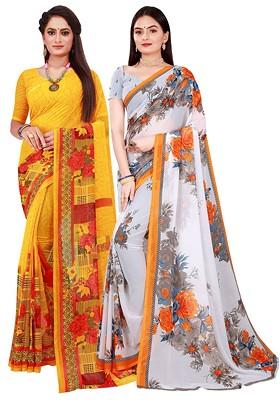 Yellow Embroidered Georgette Saree Set (Set Of 2)