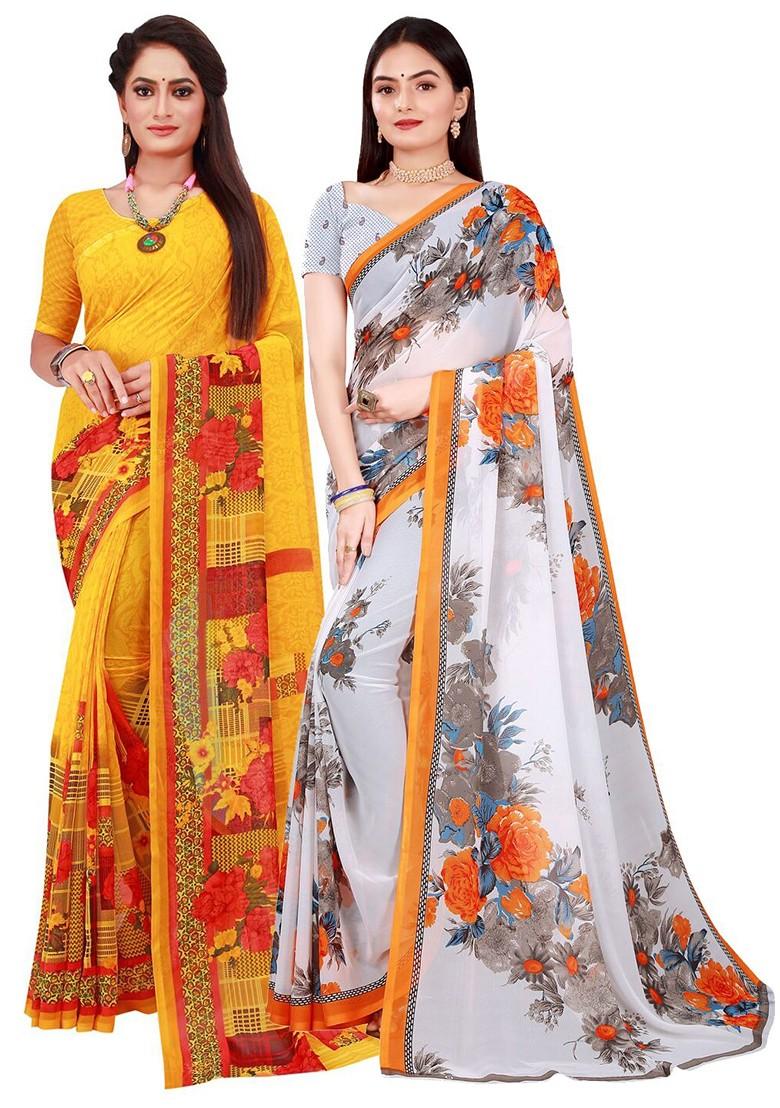 Yellow Embroidered Georgette Saree Set (Set Of 2)