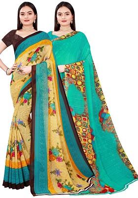 Beige Printed Georgette Saree Set (Set Of 2)