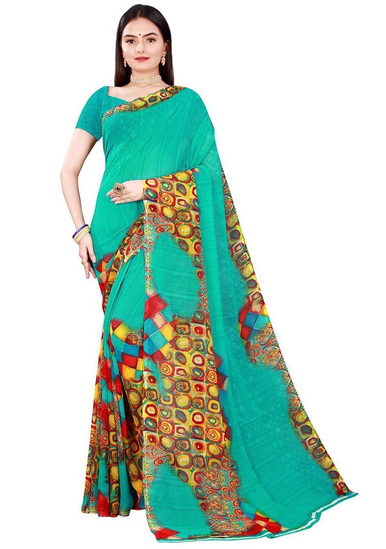 Beige Printed Georgette Saree Set (Set Of 2)