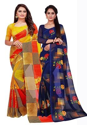 Yellow Floral Georgette Saree Set (Set Of 2)