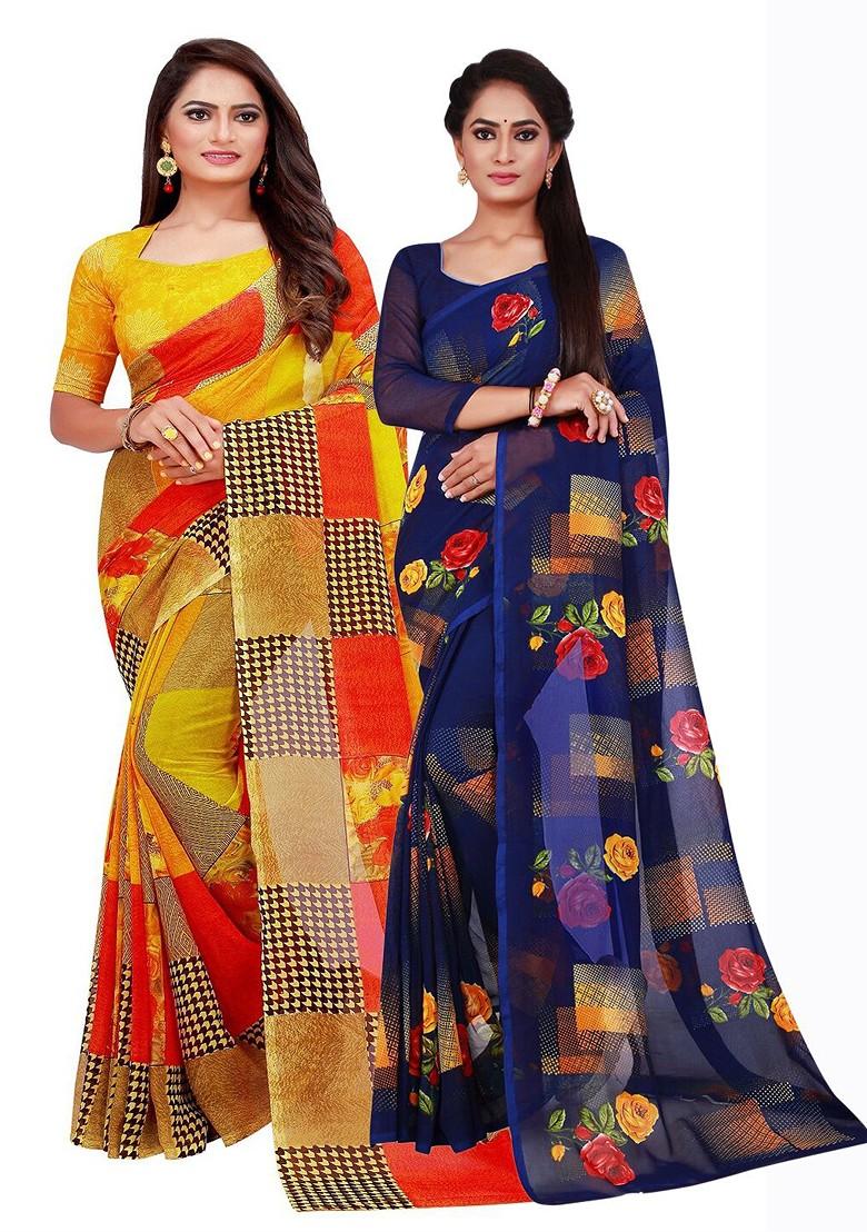 Yellow Floral Georgette Saree Set (Set Of 2)