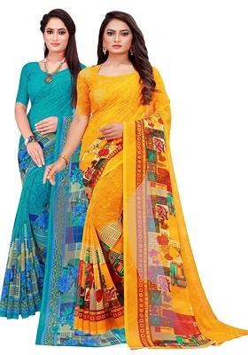 Turquoise Blue Floral Georgette Saree Set (Set Of 2)