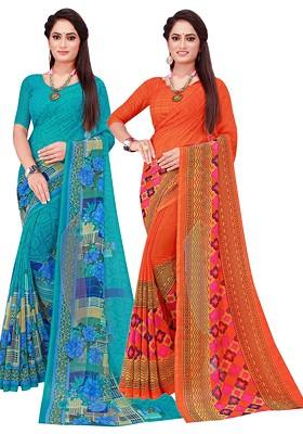 Orange Floral Georgette Saree Set (Set Of 2)