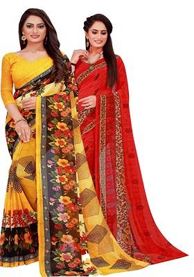 Yellow Floral Georgette Saree Set (Set Of 2)