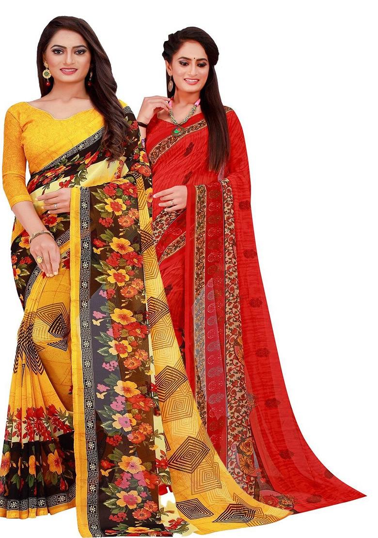 Yellow Floral Georgette Saree Set (Set Of 2)