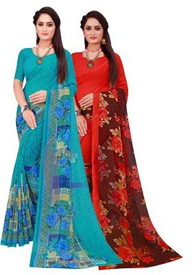 Turquoise Blue Floral Georgette Saree Set (Set Of 2)
