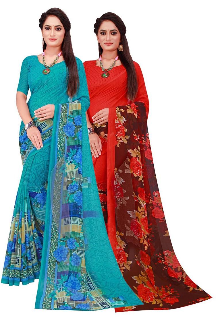 Turquoise Blue Floral Georgette Saree Set (Set Of 2)