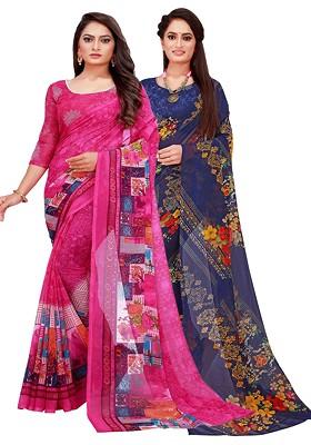 Magenta Floral Georgette Saree Set (Set Of 2)