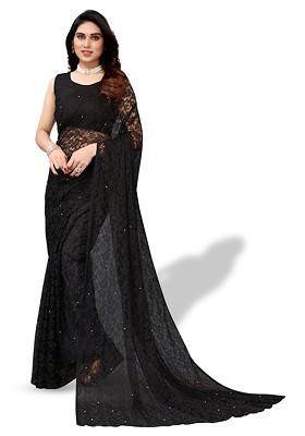 Black Floral Poly Blend Saree Set