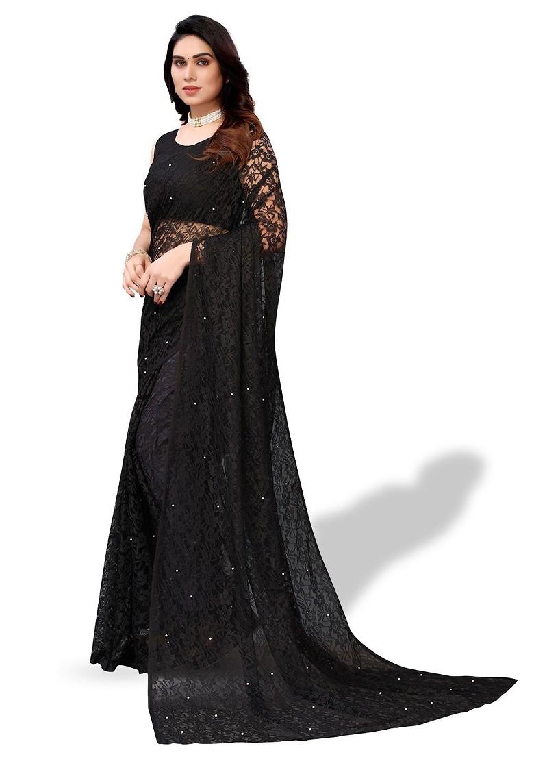 Black Floral Poly Blend Saree Set