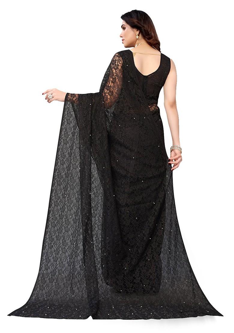 Black Floral Poly Blend Saree Set