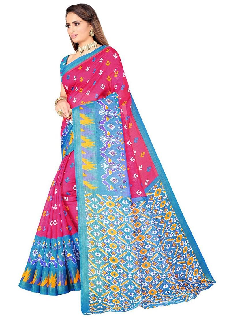 Pink Printed Art Silk Saree Set