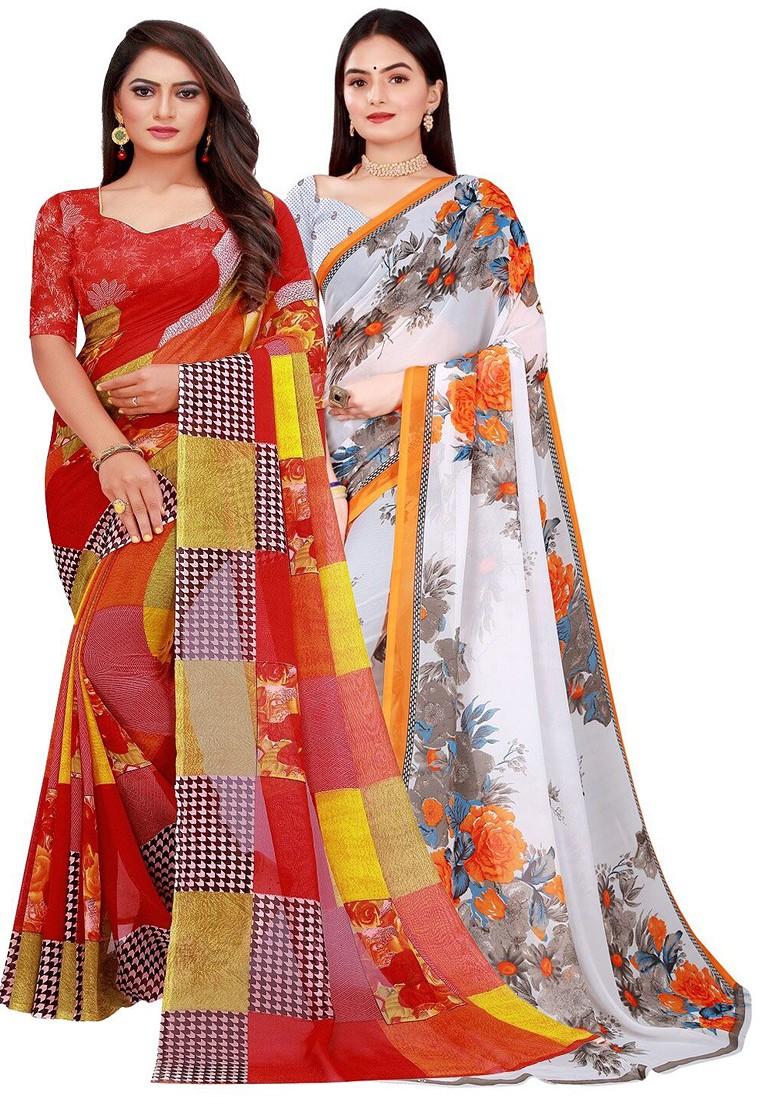 White Floral Georgette Saree Set