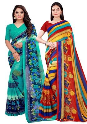 Green Printed Georgette Saree Set (Set Of 2)