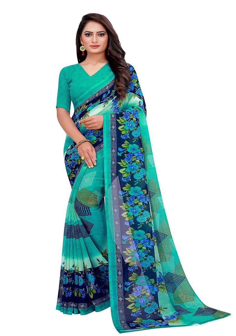 Green Printed Georgette Saree Set (Set Of 2)
