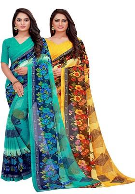 Yellow Embroidered Georgette Saree Set (Set Of 2)