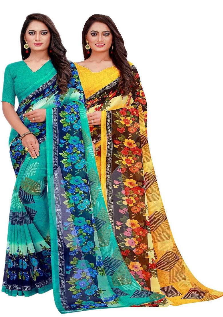 Yellow Embroidered Georgette Saree Set (Set Of 2)
