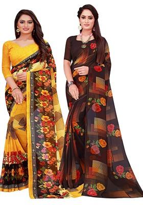 Yellow Floral Georgette Saree Set (Set Of 2)