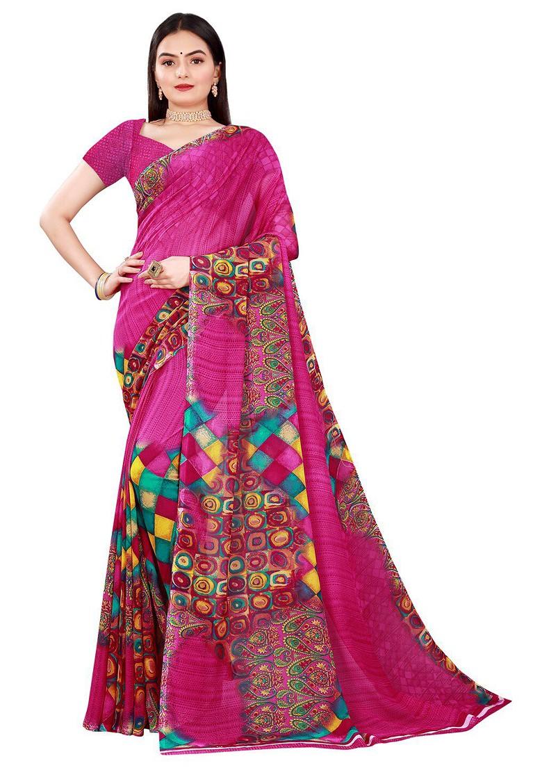 Magenta Printed Georgette Saree Set (Set Of 2)
