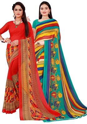 Red Floral Georgette Saree Set (Set Of 2)