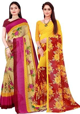 Beige Embroidered Poly Blend Saree Set