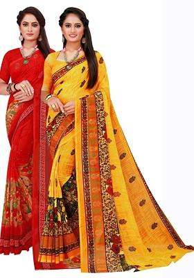 Red Floral Georgette Saree Set (Set Of 2)