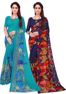 Navy Blue Floral Georgette Saree Set (Set Of 2)