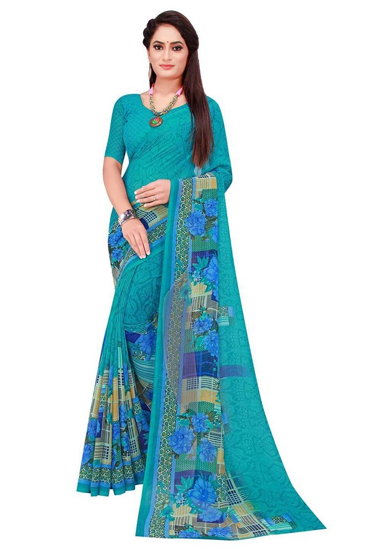 Navy Blue Floral Georgette Saree Set (Set Of 2)