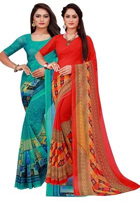 Turquoise Blue Printed Georgette Saree Set (Set Of 2)