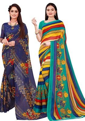 Multi Printed Georgette Saree Set (Set Of 2)