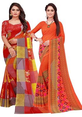 Orange Printed Georgette Saree Set (Set Of 2)