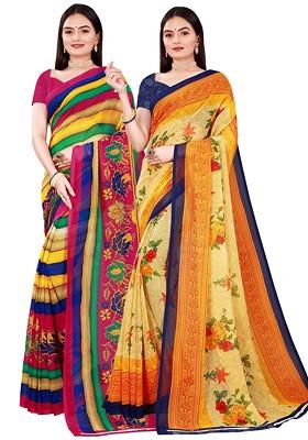 Beige Floral Georgette Saree Set (Set Of 2)