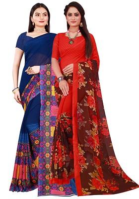 Navy Blue Embroidered Georgette Saree Set (Set Of 2)