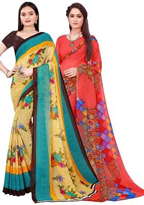 Beige Floral Georgette Saree Set (Set Of 2)
