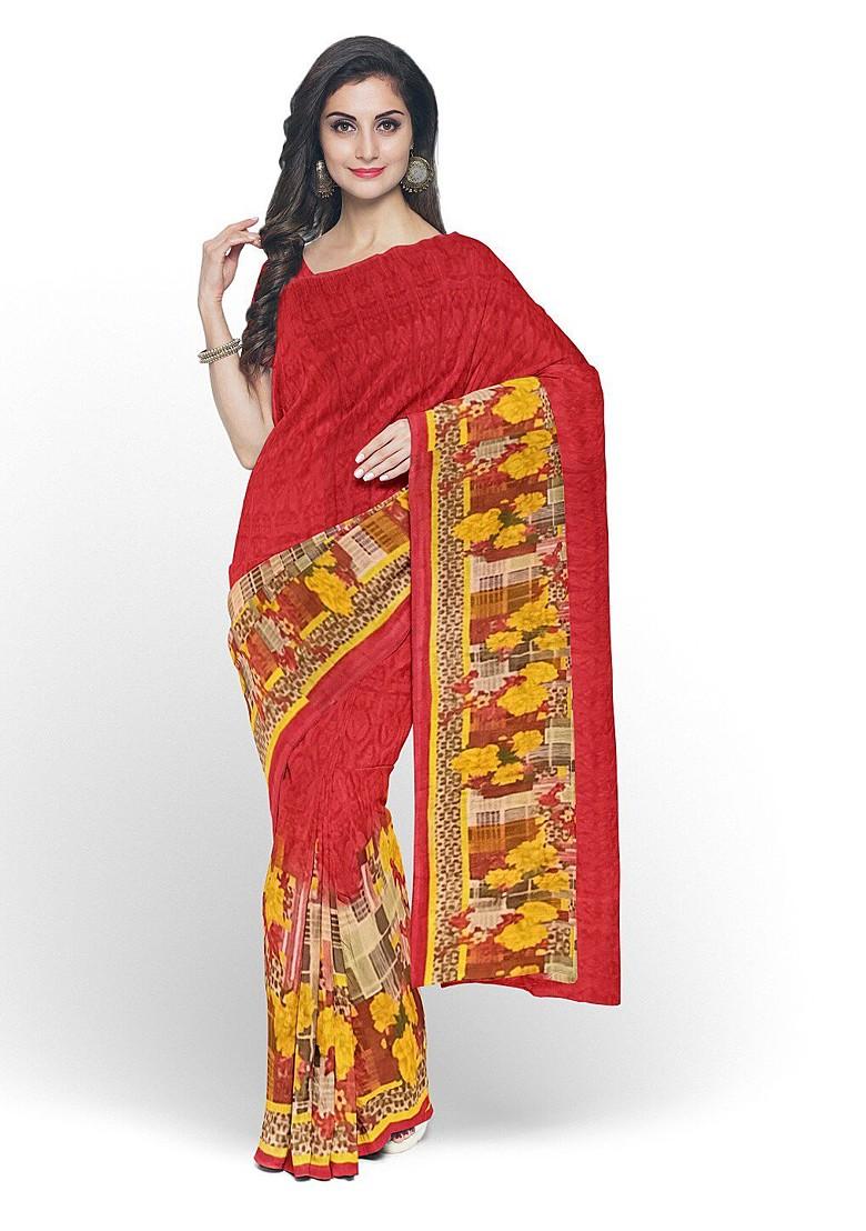 Red Floral Georgette Saree Set