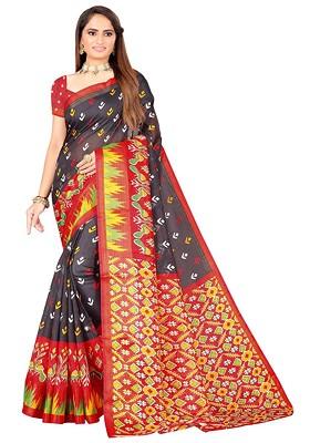 Black Printed Art Silk Saree Set