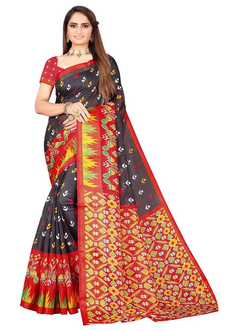 Black Printed Art Silk Saree Set